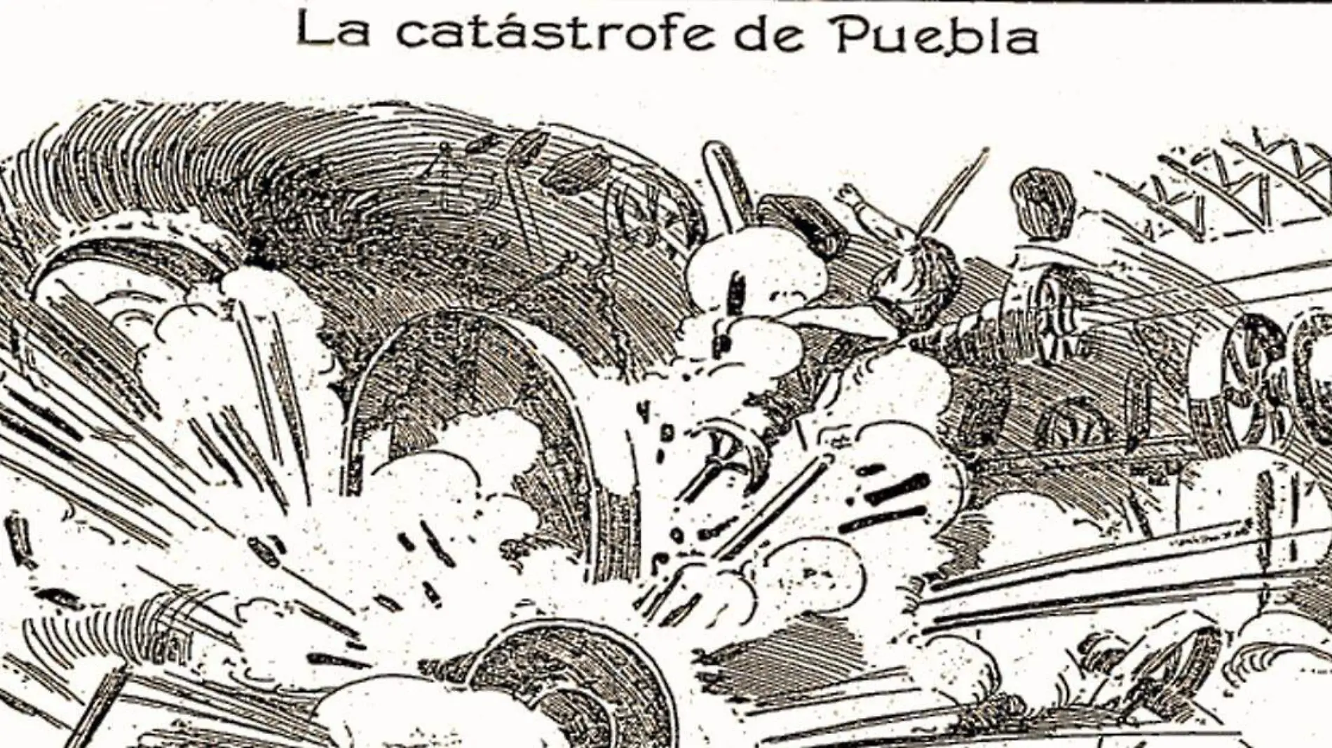 La fuerza de la caldera que explotó era de 40 caballos. En el momento de la explosión el tacho salió volando en pedazos y se derrumbaron 25 piezas de la fábrica. Ilustración de Carlos Alcalde